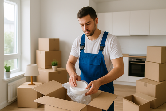 Umzugshelfer in Göttingen beim professionellen Einpacken von Möbeln